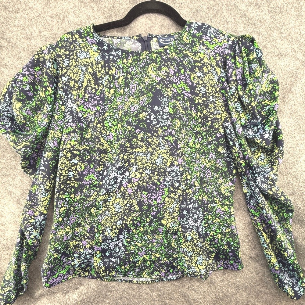 Scoop Puff Sleeve Blouse Womens M 8-10 Multi Floral Print Navy Top